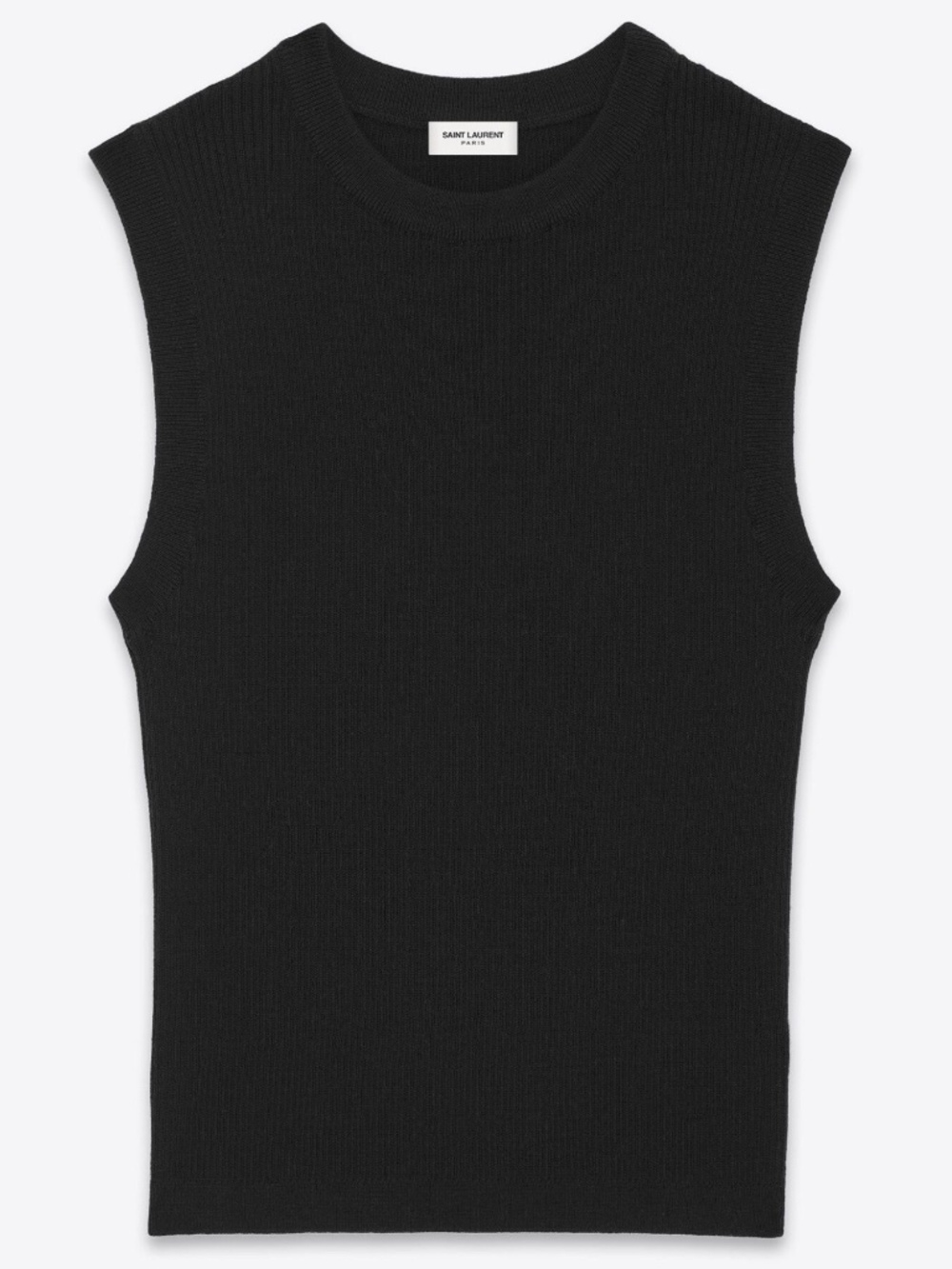 Saint Laurent YSL Black Cashmere Wool Silk Rib Stretch Knit Crop Sleeveless Top